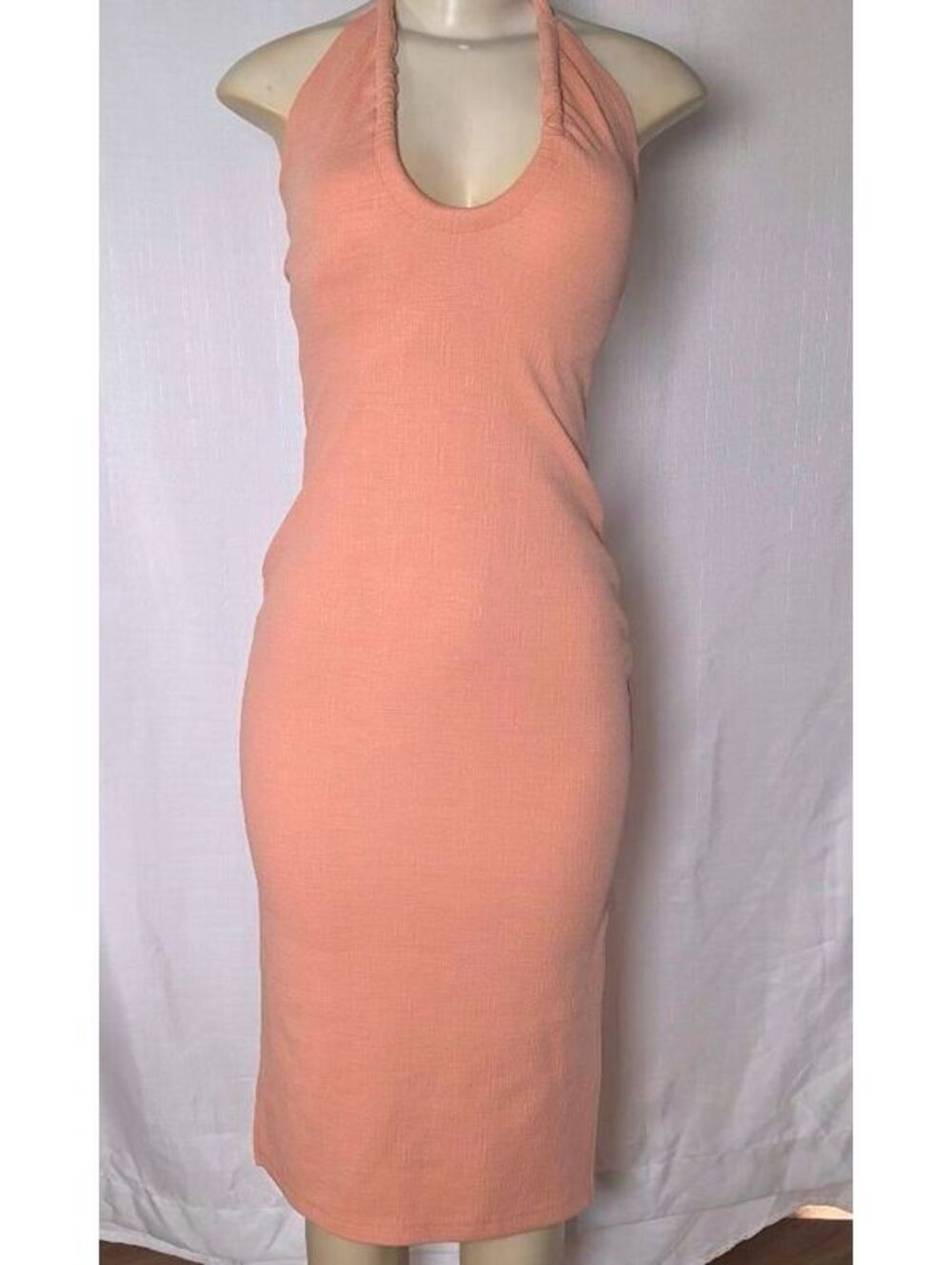 Roxy Peach Halter Midi Dress Ruched Scoop Neck Bodycon Side Slit Y2K Beachy S